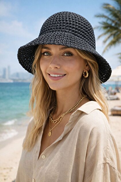 HAZAL KAYA ATELIER Black Hand Knitted Straw Bucket Women's Hat
