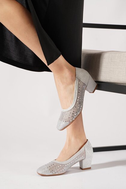 Hursemest Women's Classic Heeled Shoes Silver Glitter with Stone Flakes