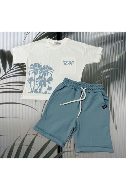 Boy's Linen Shorts and Top T-Shirt with Tropical Print Detail Top and Bottom Set (Blue Color)