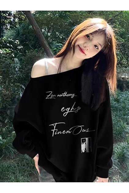 Women's Finew Ows Printed Boat Neck Oversized Sweatshirt