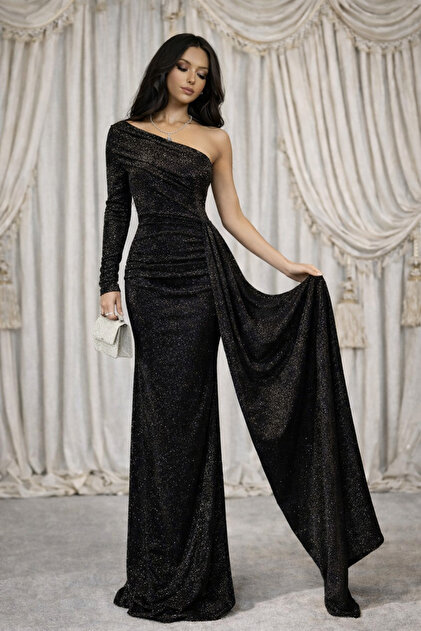 HESİODOS Evening Gown, Evening Dress Women's Dress, Graduation Dresses, Wedding Engagement Dresses, Black with Stones and Glittery