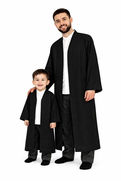 Combination Men's and Children's Prayer Robe, Bukhara Collar, Black Long Islamic Imam Robe Costume