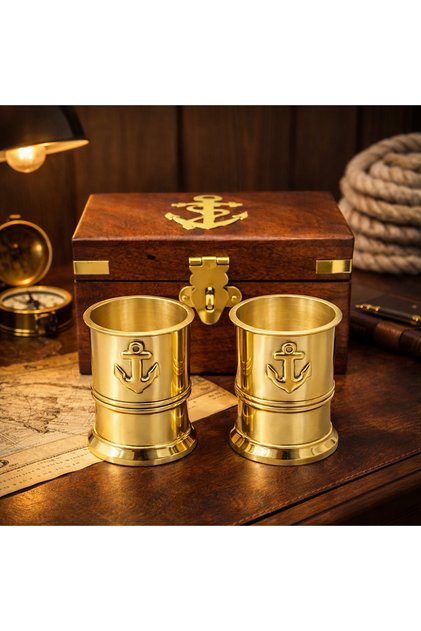 Set of 2 Brass Shot Glasses with Wooden Box – Sailor-Themed Luxury Gift Set