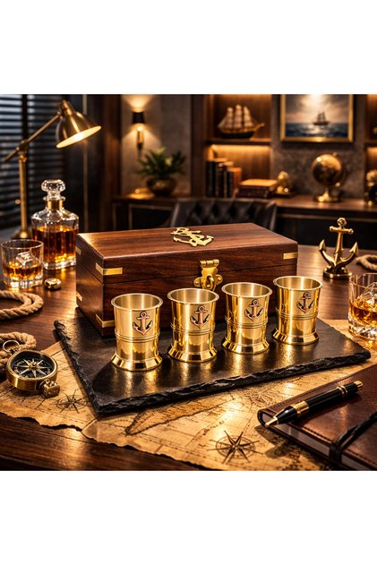 Set of 4 Brass Shot Glasses with Wooden Box – Sailor-Themed Luxury Gift and Presentation Set