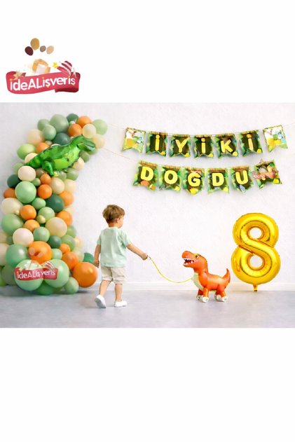 Jurassic Adventure Dinosaur Birthday Party Concept Set Ornament Walking Dinosaur with Gold Number Balloon