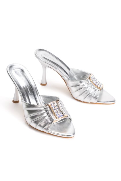 Ruched Detail Crystal Stone Goblet Heels Slipper