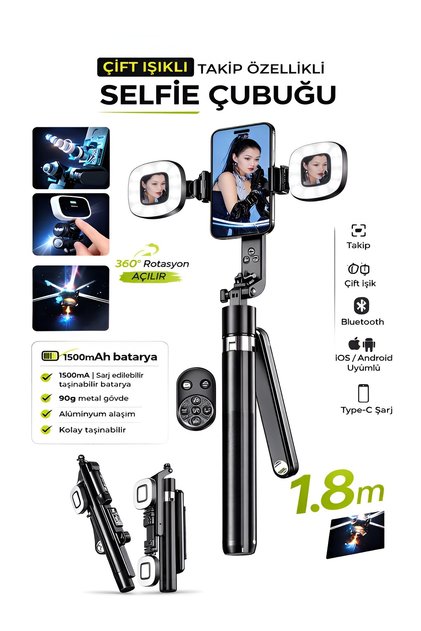 1500 mAh LED Işıklı 180 cm Takip Özellikli Gimbal Tripod Selfie Çubuğu Bluetooth Kumandalı