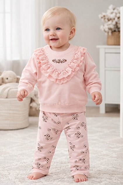 Set fete roz 2 piese bluza cu volane pantaloni imprimeu floral