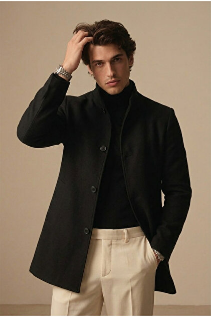 Men's Black High-Neck Long Melton Coat