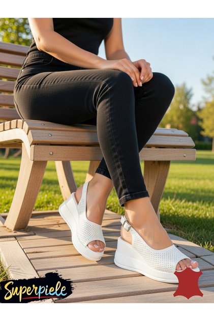 Sandale dama piele naturala perforate albe cu talpa tip platforma