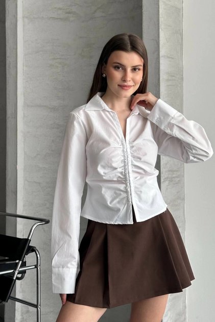 Women's White Long Sleeve Stylish Shirt with Ruched Waist Buttons on the Front