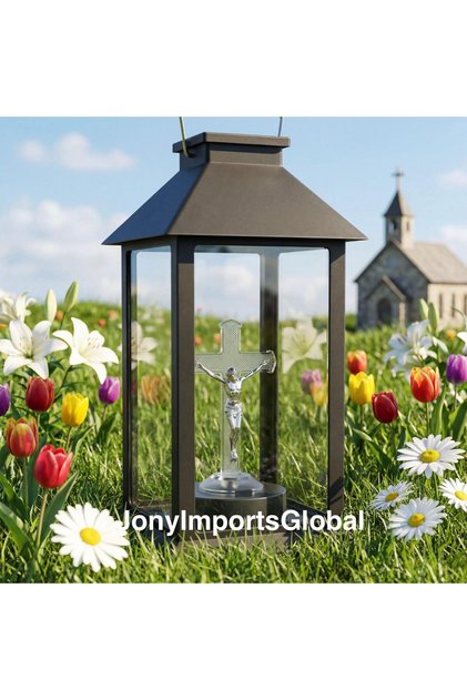 Felinar Premium cu incarcare solara Negru Cruce cu LED 14x14x28cm