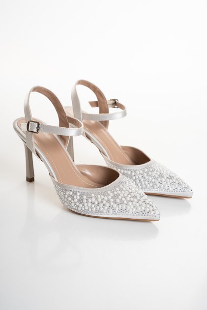 Pearl Embellished Pointed Toe Women's Evening Dress Heeled Shoes