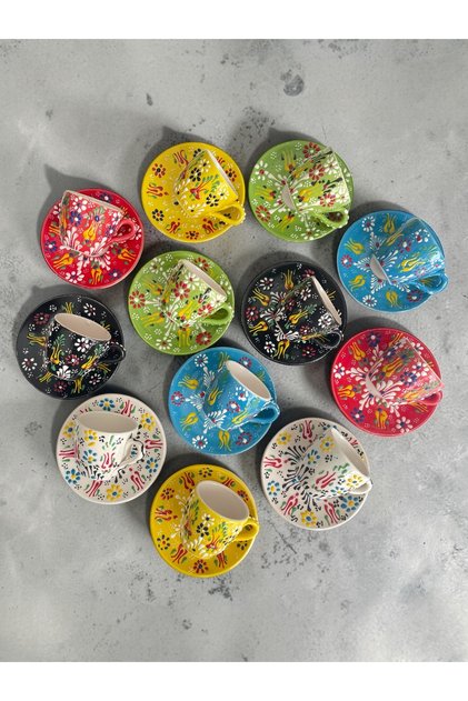 Decorative 12-Person Stylish Tulip Tile Design Fully Handmade Coffee Cup Set