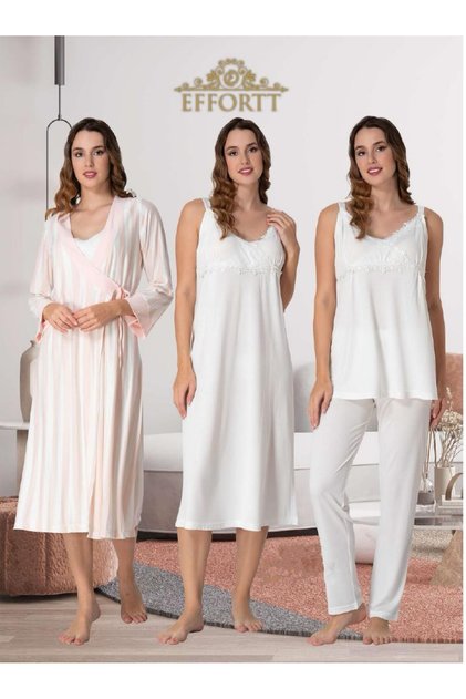 Dvina Maternity Nightgown, Striped Robes and Pajama Set - 4-Piece Set - Ecru