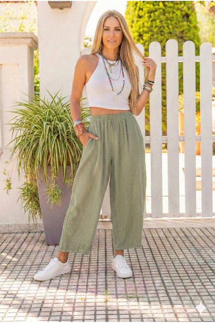 Women's Muslin Fabric, Elastic Waist, Pocketed Comfortable Fit Pants - Khaki 700-3416352
