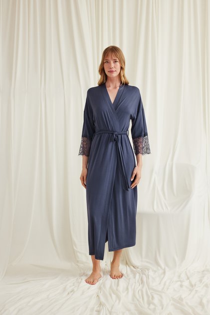 Women'S, Navy Blue, Lace Piece and Belted Dressing Gown