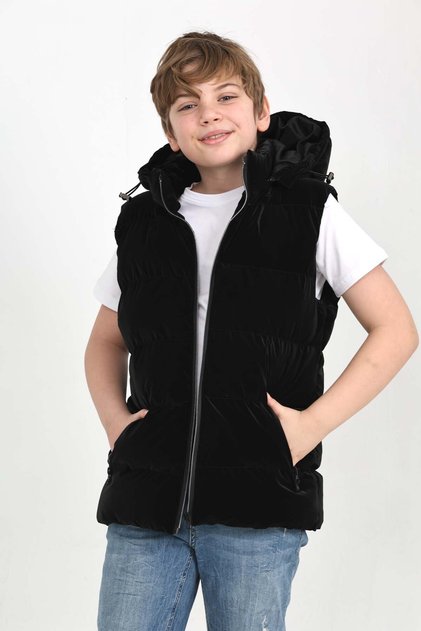 Boy's Shiny Velvet Puffer Vest Black Hooded Zippered Winter Vest 10-15 Years Old