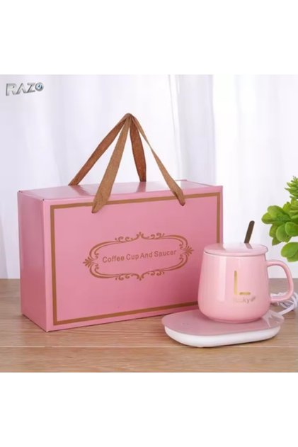 Set cana cu incalzire electrica RAZO, 250 ml, Suport mentinere temperatura, Roz