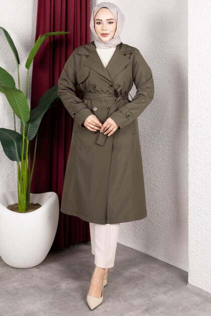 Rabia Zülal Belt Detail Ve İçi a Lined Trench Coat Khaki - Trendyol