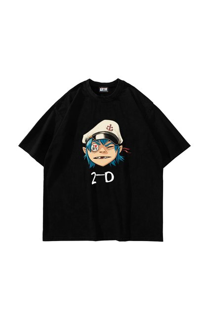 تي شيرت أسود كبير الحجم مطبوع عليه Gorillaz 2-D للجنسين