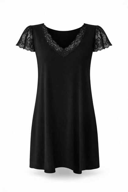 Gob Signature - Women's Lace Sleeve V-Neck Viscose Nightgown - Relaxed Fit Home Wear