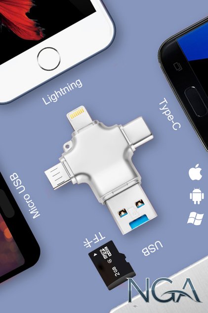 64GB 4in1 OTG Flash Bellek USB 3.0 Yüksek Hız (Type-C Micro Usb USB-C Lightning) Telefon PC Uyumlu