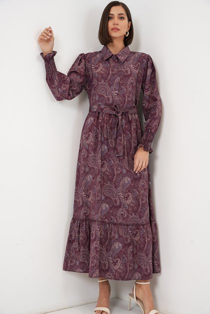 Damen-Hijab-Kleid mit Gürtel 2589 - Burgunderrot