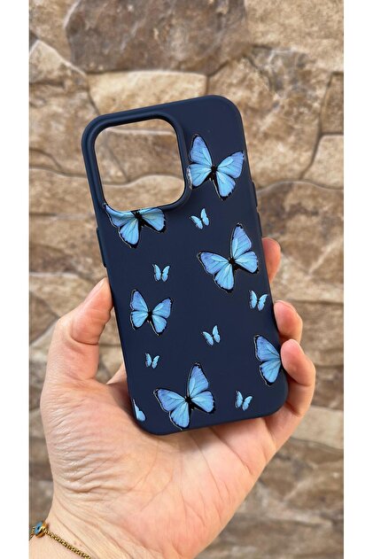 iPhone 15 Pro Compatible Blue Butterfly Patterned Silicone Shock-Absorbing Classic Protected Rubber Case