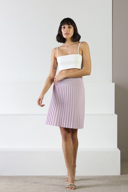 Lilac High Waist Pleated Viscose Women's Knitwear Mini Skirt