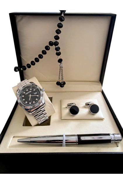 A luxurious men's set consisting of a stainless steel watch with date display, water resistance, prayer beads, pen, and cufflinks.