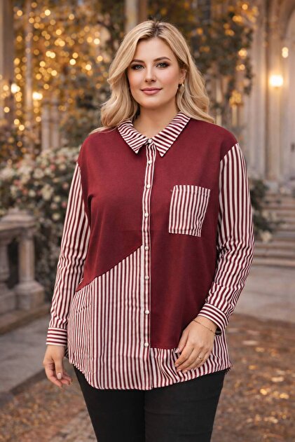 Women's Elegant Polo Neck Striped Pattern Patchwork Embroidered Large Size Casual Shirt Blouse