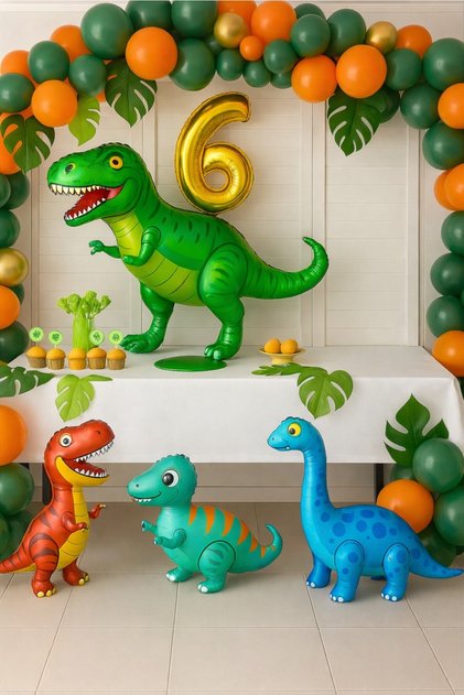 🦖 Dinosaur Jungle Themed Gold Numbered Birthday Concept Party Set Decoration 4 Foil Dinosaurs