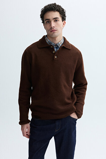 Men's Brown Buttoned Polo Collar Sweater
