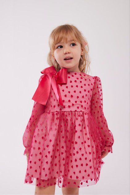 Girl's Dress Heart Patterned Ribbon Detailed Birthday Eid Special Day (Buckle Included)