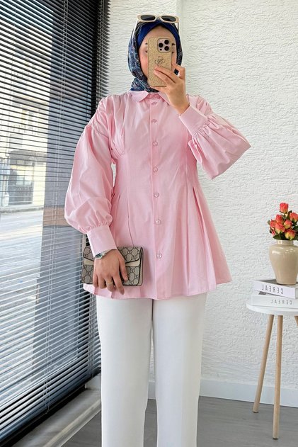 Women's Premium Shirt Tunic with Pen Detail - Pink