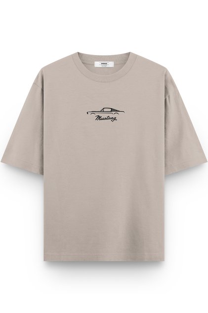 Classic Car Ford Mustang Printed Semi Oversized Stone Color T-Shirt 1184
