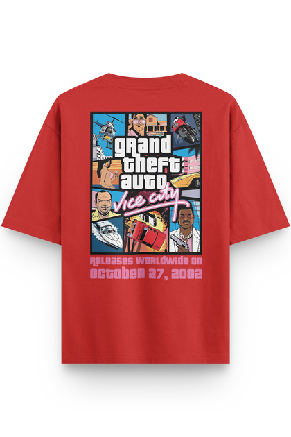Overoz Gta Vice City Sırt Baskılı Yarı Oversize Kırmızı T-shirt