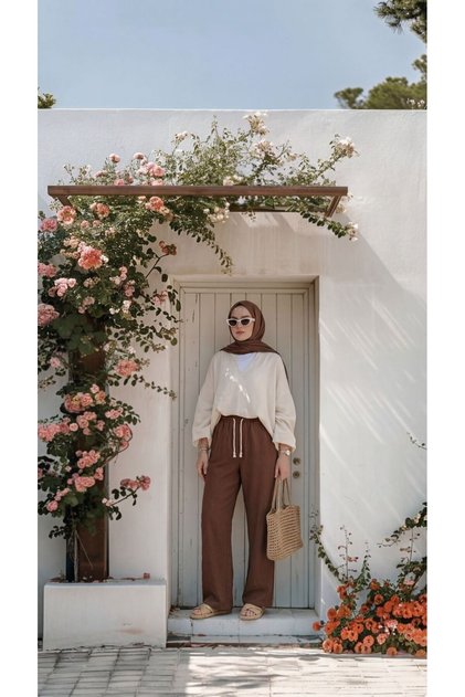 Women's Brown Linen Muslin Palazzo Pants Does Not Show Underwear, Wide Legs, Suitable for Hijab Wear