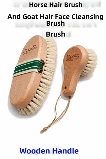 Natural Set of 2 (Horsehair Cellulite Brush and Goat Hair Face Washing Brush) Water-Resistant Beech Wood