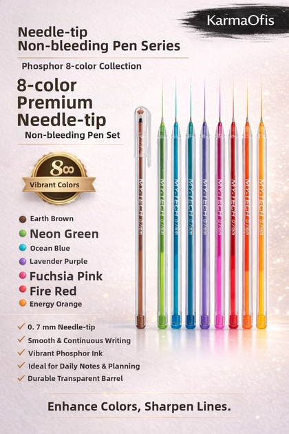 8-Piece Needle Tip Ballpoint Pen Set 0.7 mm – Highlighter Color, Fluent Writing, Domestic Production