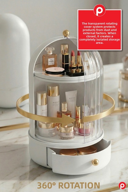 360-Degree Rotating Makeup Organizer - Large Capacity Cosmetic Organizer with Drawers and Shelves
