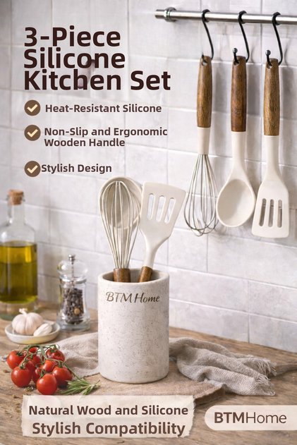 Silicone Kitchen Utensil Set 3-Piece Wooden Strappy Spatula Scoop Whisk Non-Scratch Heat Resistant