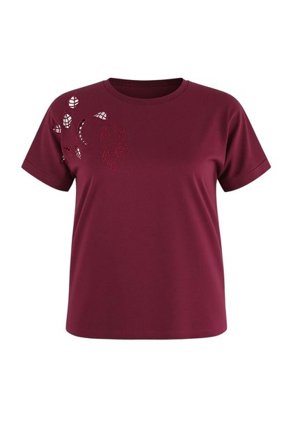 Burgundy Embroidery Detailed Basic 100% Cotton Knitted T-Shirt Tbbss24Bf00055