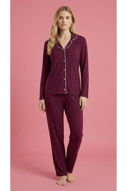 Women's Buttoned Ribbed Knitted Long Sleeve Seasonal Pajama Set