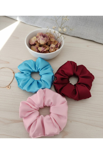 Women's 3-Piece Satin Scrunchie Hair Clip Set - Pink Blue Burgundy Bagel Rubber Scrunchie