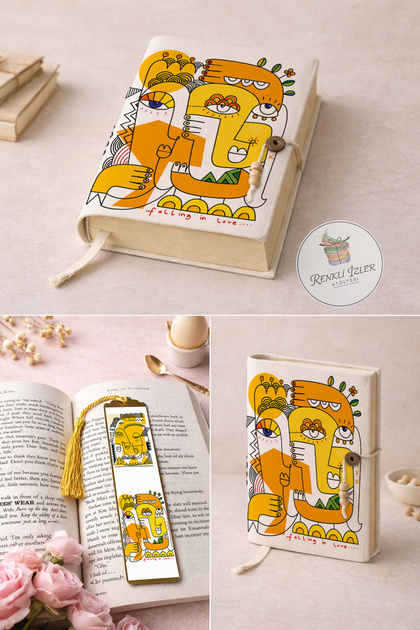 Kitap Kılıfı ve Metal Kitap Ayracı Seti (Sarı Yüz Soyut Tasarım)