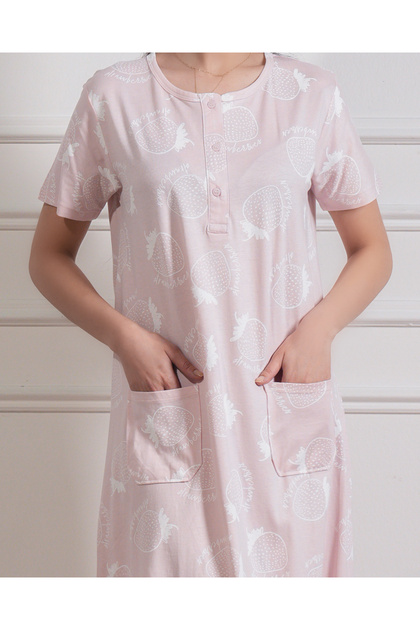hendam Soft 100% Cotton house dress in pink with white patterns -  comfortable and with front pockets- Trendyol