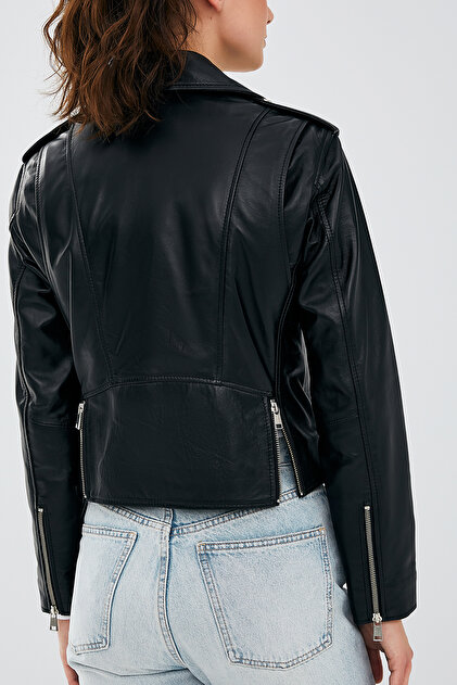 Derimod Newage Kadın Siyah Slim-Fit Biker Deri Ceket 22WGD5983U5