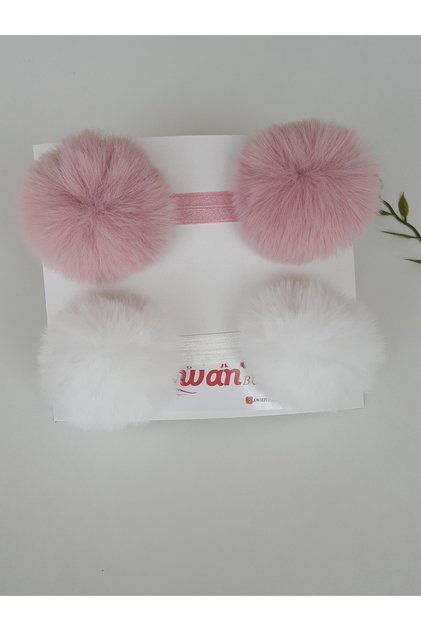 Girl Child Baby White Powder Plush Pompom Bandana Hair Band